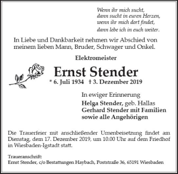 Traueranzeige von Ernst Stender von vrm-trauer
