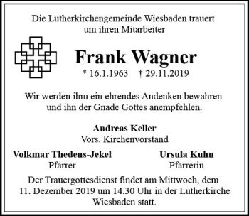 Traueranzeige von Frank Wagner von vrm-trauer