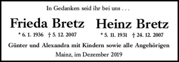 Traueranzeige von Frieda Bretz von vrm-trauer