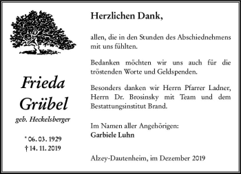 Traueranzeige von Frieda Grübel von vrm-trauer