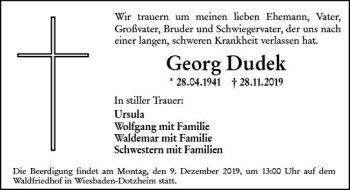 Traueranzeige von Georg Dudek von vrm-trauer