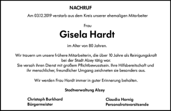 Traueranzeige von Gisela Hardt von vrm-trauer