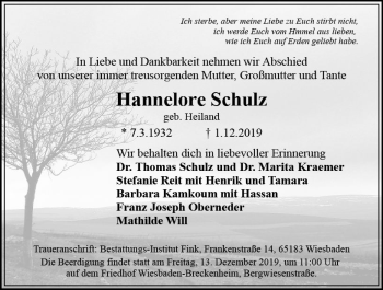 Traueranzeige von Hannelore Schulz von vrm-trauer
