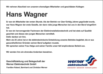 Traueranzeige von Hans Wagner von vrm-trauer