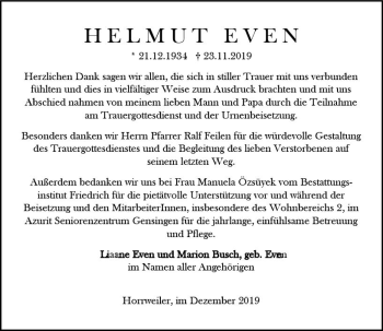 Traueranzeige von Helmut Even von vrm-trauer