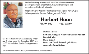 Traueranzeige von Herbert Haan von vrm-trauer