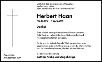 Traueranzeige von Herbert Haan von vrm-trauer