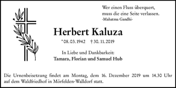 Traueranzeige von Herbert Kaluza von vrm-trauer