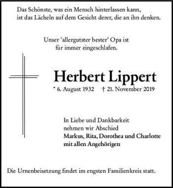 Traueranzeige von Herbert Lippert von vrm-trauer