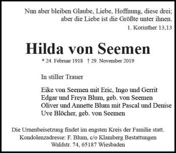 Traueranzeige von Hilda von Seeuren von vrm-trauer