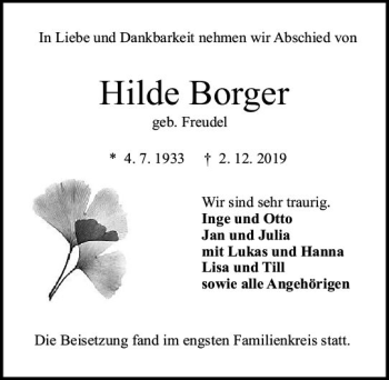 Traueranzeige von Hilde Borger von vrm-trauer