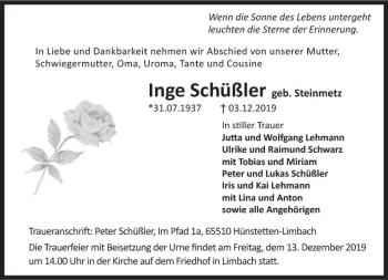 Traueranzeige von Inge Schüßler von vrm-trauer