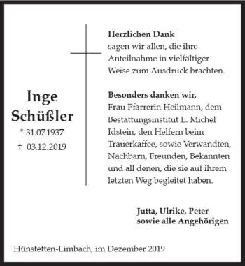 Traueranzeige von Inge Schüßler von vrm-trauer