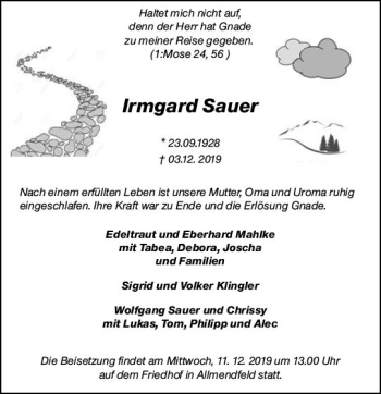 Traueranzeige von Irmgard Sauer von vrm-trauer