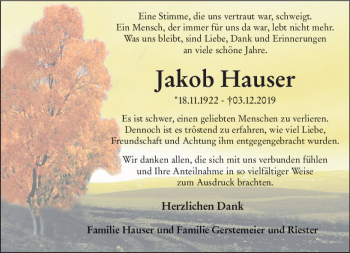 Traueranzeige von Jakob Hauser von vrm-trauer