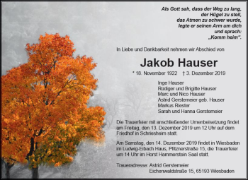Traueranzeige von Jakob Hauser von vrm-trauer