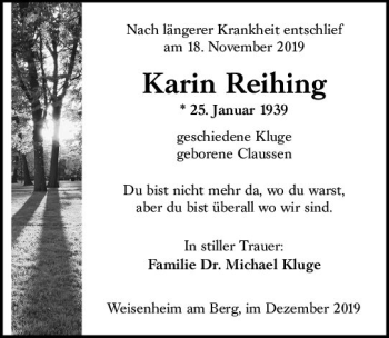 Traueranzeige von Karin Reihing von vrm-trauer