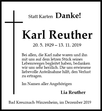 Traueranzeige von Karl Reuther von vrm-trauer
