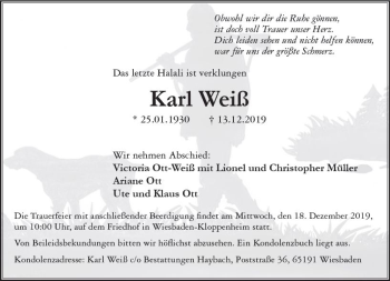 Traueranzeige von Karl Weiß von vrm-trauer