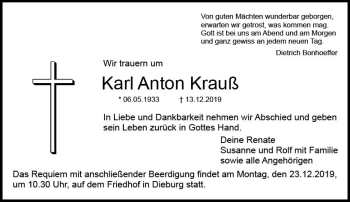 Traueranzeige von Karl Anton Krauß von vrm-trauer