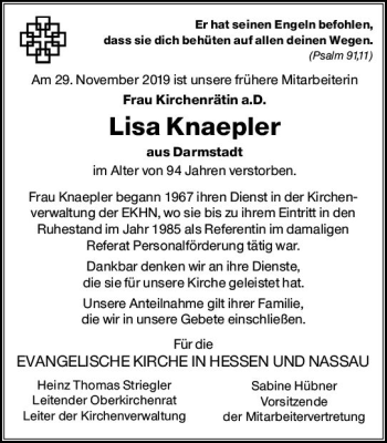 Traueranzeige von Lisa Knaepler von vrm-trauer