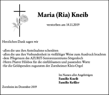 Traueranzeige von Maria Kneib von vrm-trauer Traueranzeige von Maria Kneib von vrm-trauer