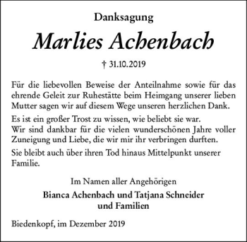 Traueranzeige von Marlies Achenbach von  Hinterländer Anzeiger