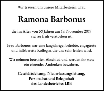 Traueranzeige von Ramona Barbonus von vrm-trauer