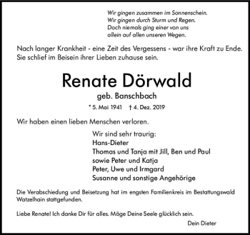 Traueranzeige von Renate Dörwald von vrm-trauer