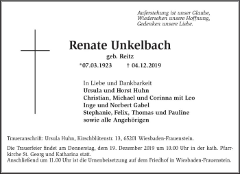 Traueranzeige von Renate Unkelbach von vrm-trauer