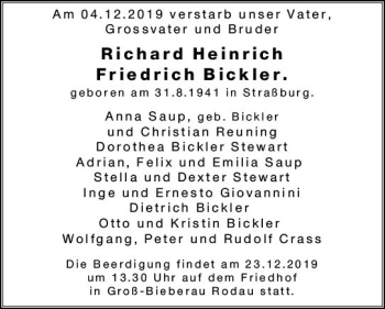 Traueranzeige von Richard Heinrich Friedrich Bickler von vrm-trauer