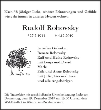Traueranzeige von Rudolf Rohovsky von vrm-trauer