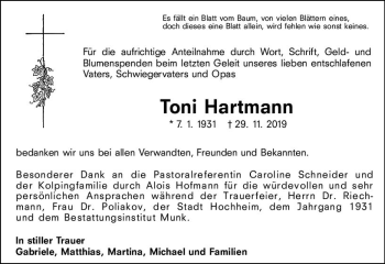 Traueranzeige von Toni Hartmann von vrm-trauer