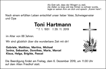 Traueranzeige von Toni Hartmann von vrm-trauer