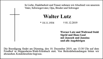 Traueranzeige von Walter Lutz von vrm-trauer
