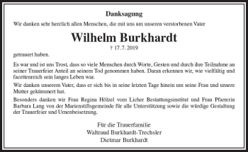 Traueranzeige von Wilhelm Burkhardt von  Gießener Anzeiger