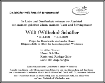 Traueranzeige von Willi Schüller von vrm-trauer