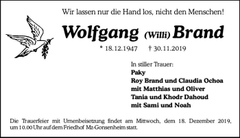 Traueranzeige von Wolfgang Brand von vrm-trauer