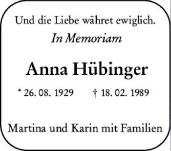 Traueranzeige von Anna Hübinger von vrm-trauer