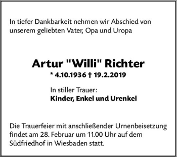 Traueranzeige von Artur Willi Richter von vrm-trauer