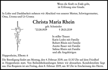 Traueranzeige von Christa Maria Rhein von vrm-trauer
