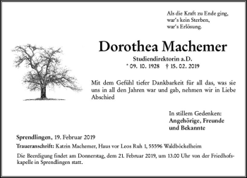Traueranzeige von Dorothea Machemer von vrm-trauer