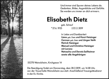 Traueranzeige von Elisabeth Dietz von vrm-trauer