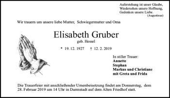 Traueranzeige von Elisabeth Gruber von vrm-trauer