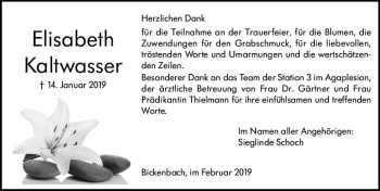 Traueranzeige von Elisabeth Kaltwasser von vrm-trauer
