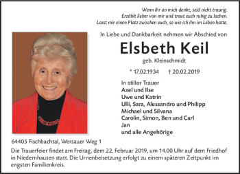 Traueranzeige von Elsbeth Keil von vrm-trauer