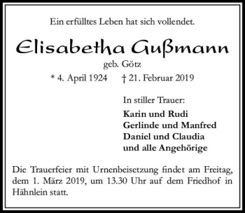 Traueranzeige von Elsiabetha GUßmann von vrm-trauer