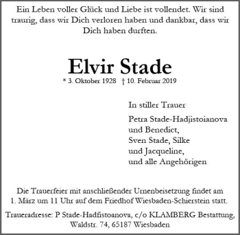 Traueranzeige von Elvir Stade von vrm-trauer
