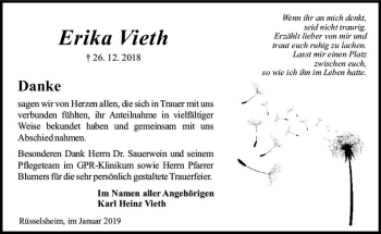 Traueranzeige von Erika Vieth von vrm-trauer