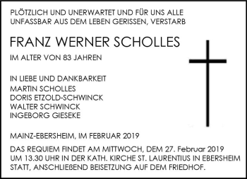 Traueranzeige von Franz Werner Scholles von vrm-trauer
